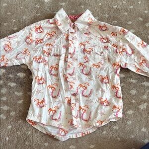 Kids Western Print Button-Up Shirt - White with Pink & Orange